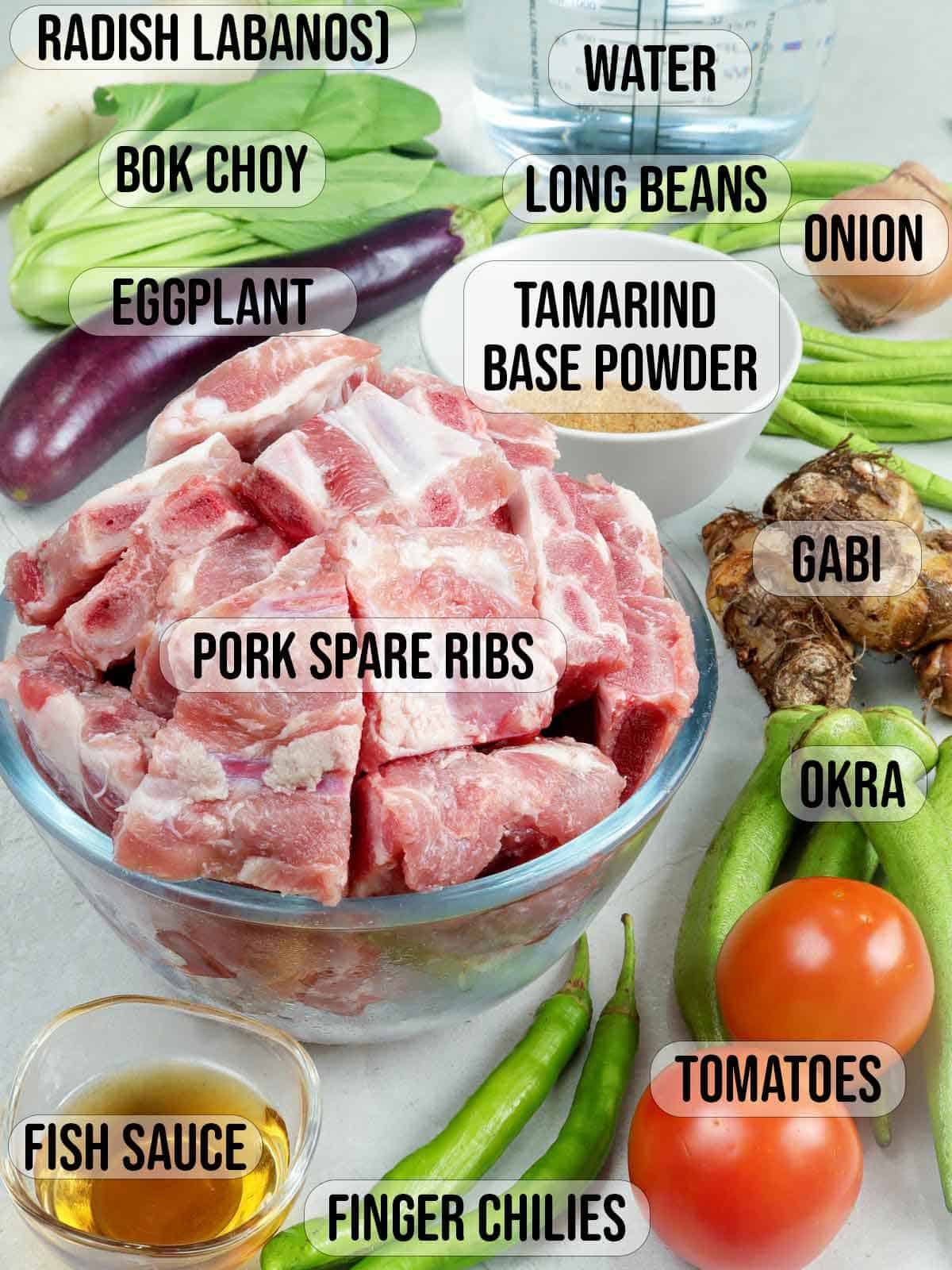 pork spare ribs, egg plant, radish, gabi, tomatoes, chili pepper, fish sauce, tamarind powder, pechay, sitaw.
