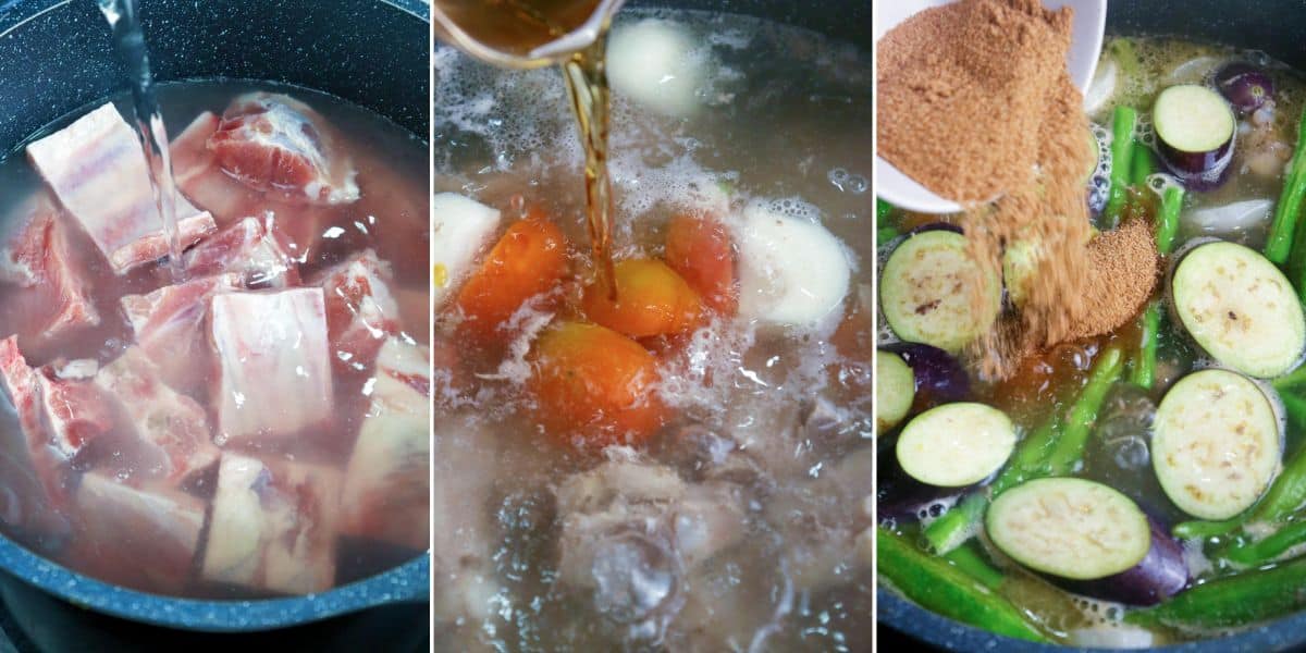 cooking pork sinigang in a pot.