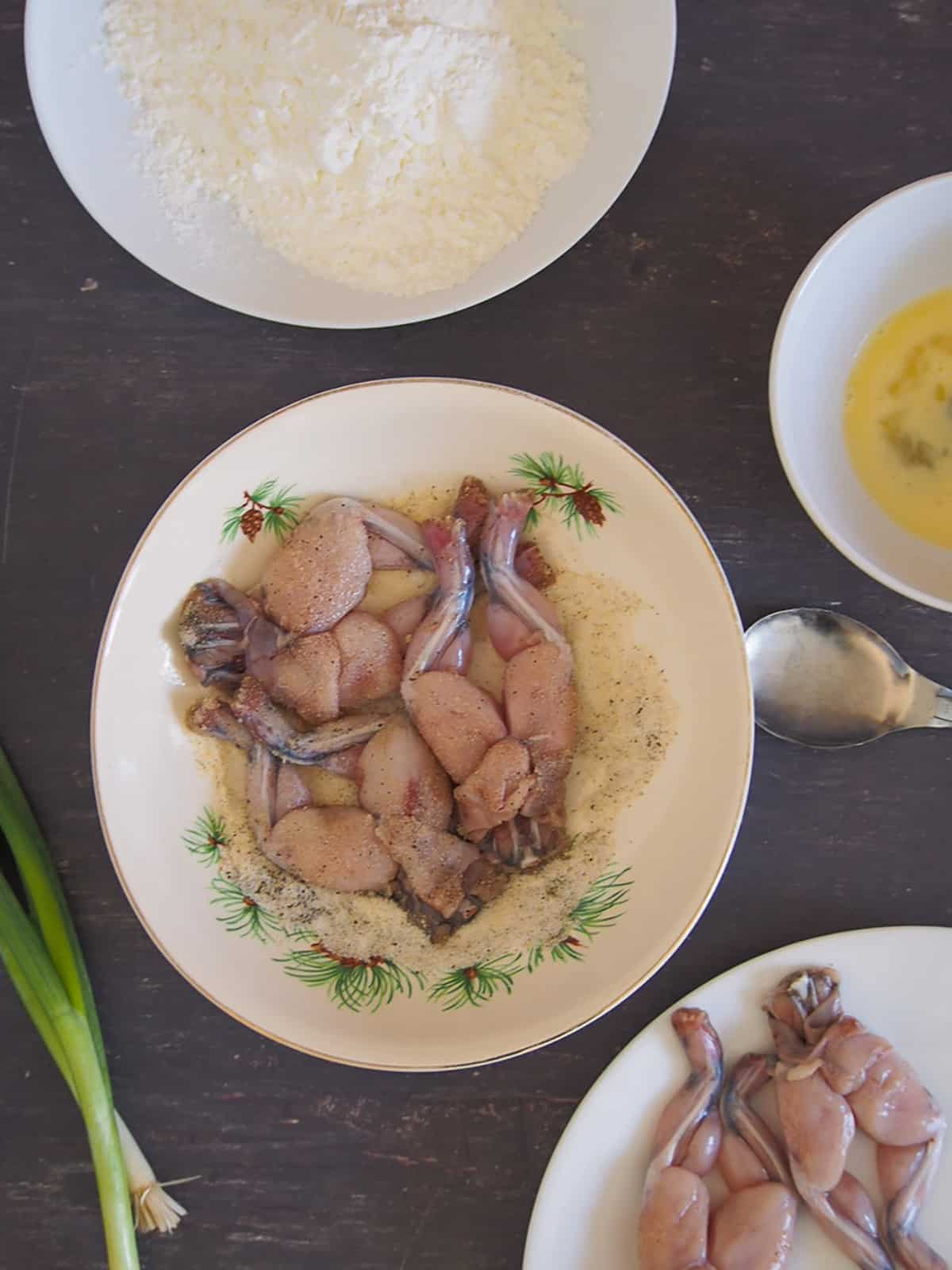 frog legs, flour, eggs, green onions