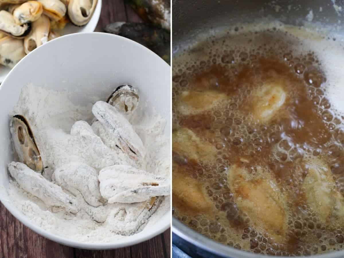 coating the mussels in flour and deep-frying in oil