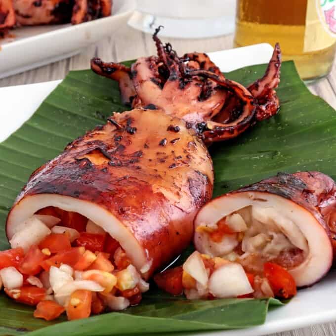 stuffed inihaw na pusit on a serving plate