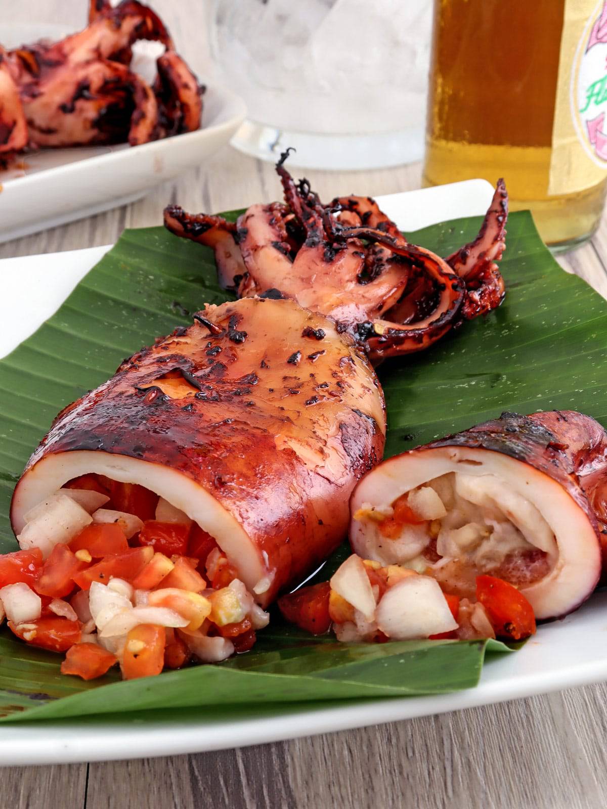 stuffed inihaw na pusit on a serving plate