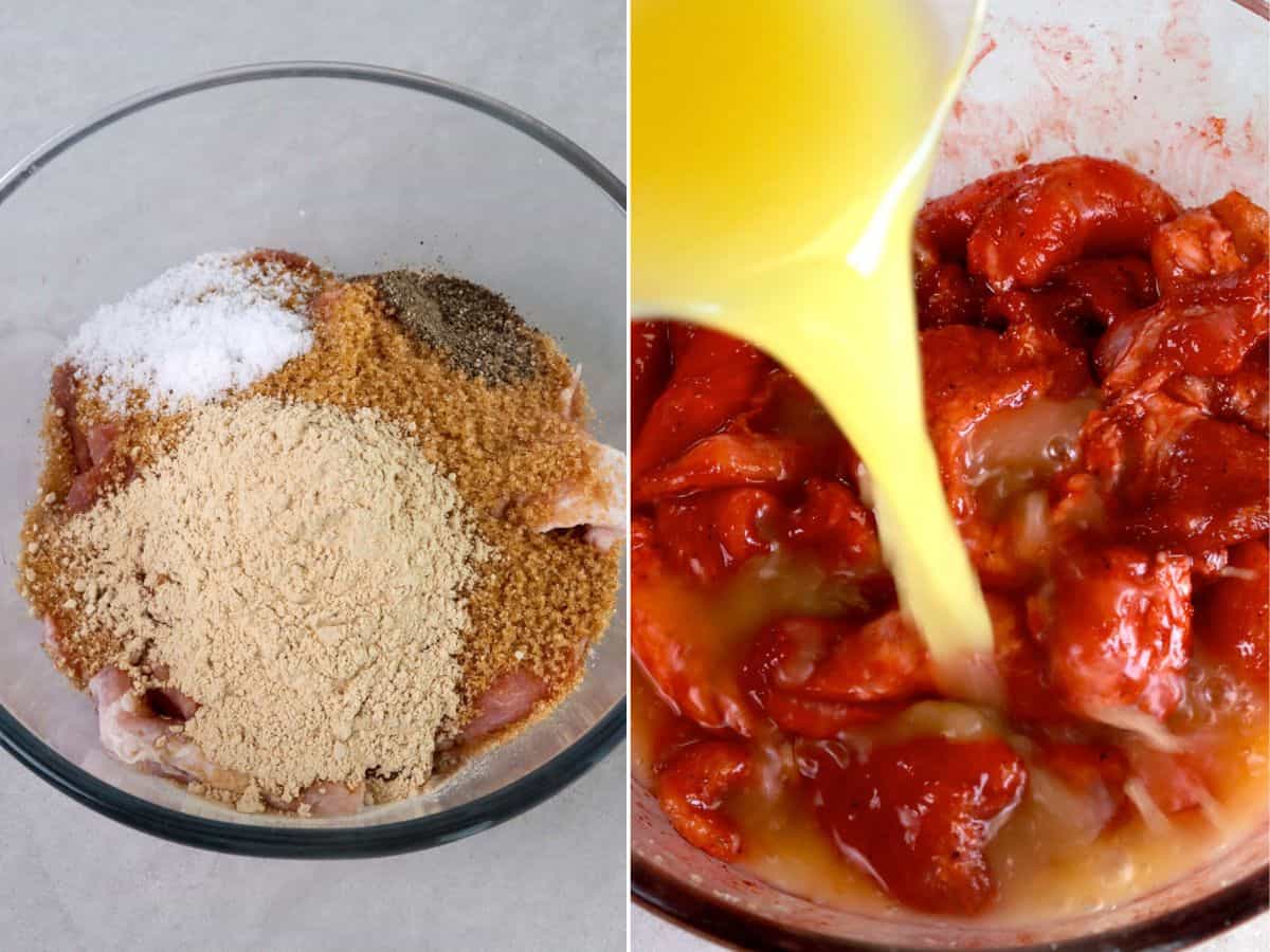 marinating pork tocino with seasonings and pineapple juice in a bowl.