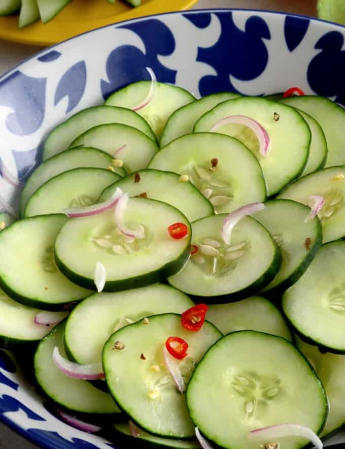 Enasaladang Pipino in a blue bowl