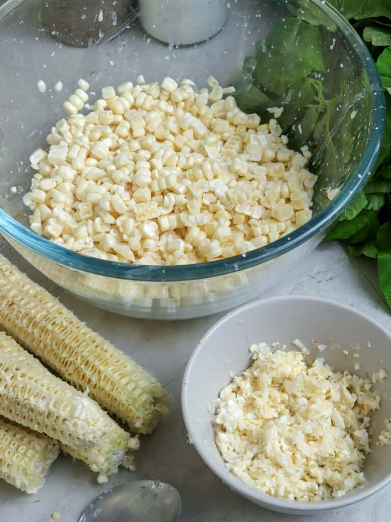 grated corn in bowls