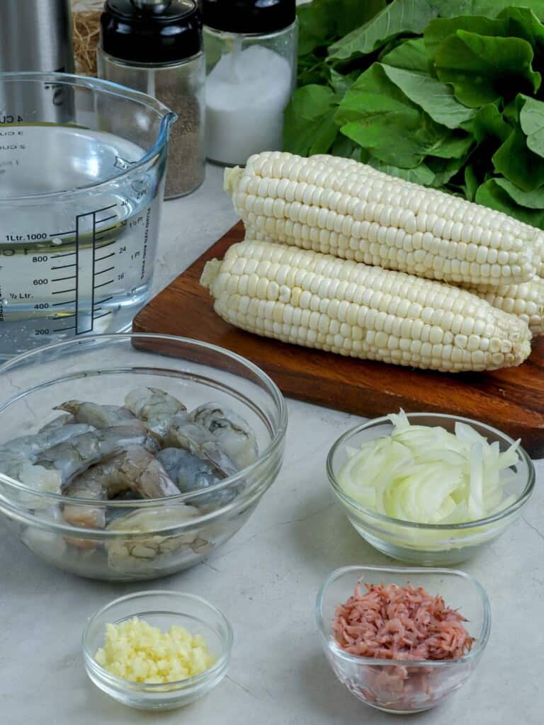 white corn, shrimp, onion, raw shrimp paste, water, spinach, garlic