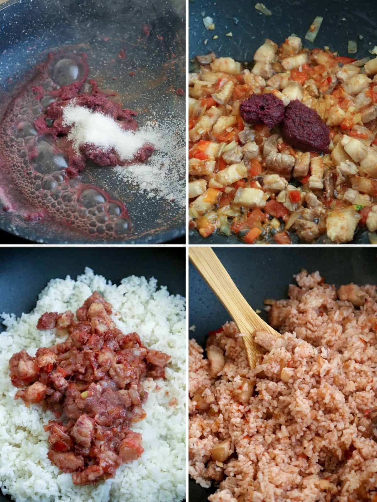 making fried rice with bagoong in a pan