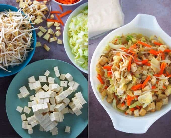 sauteed tofu and vegetable filling for lumpia in a white bowl