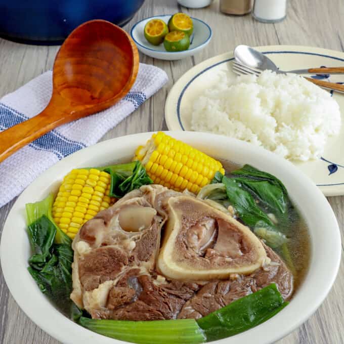 bulalo with corn and pechay in a bowl