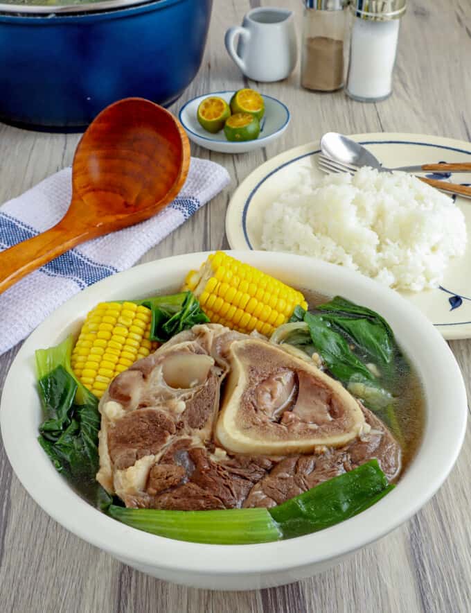 bulalo with corn and pechay in a bowl