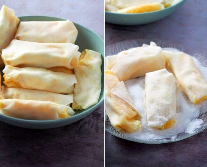 unfried mango cream cheese turon rolled in sugar