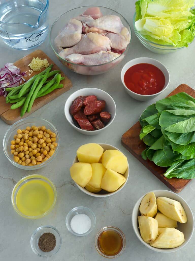 chicken, cabbage, potatoes, garbanzo beans, green beans, saba bananas, fish sauce, pechay, potatoes, water