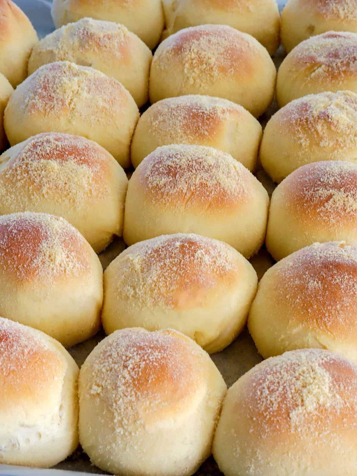 freshly baked pandesal on a baking sheet