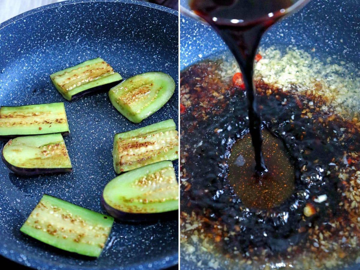 pan-frying egg plant and making adobo marinade in a pan