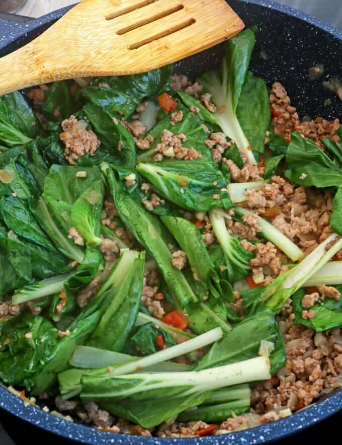 Ginisang Pechay with ground pork in a pan