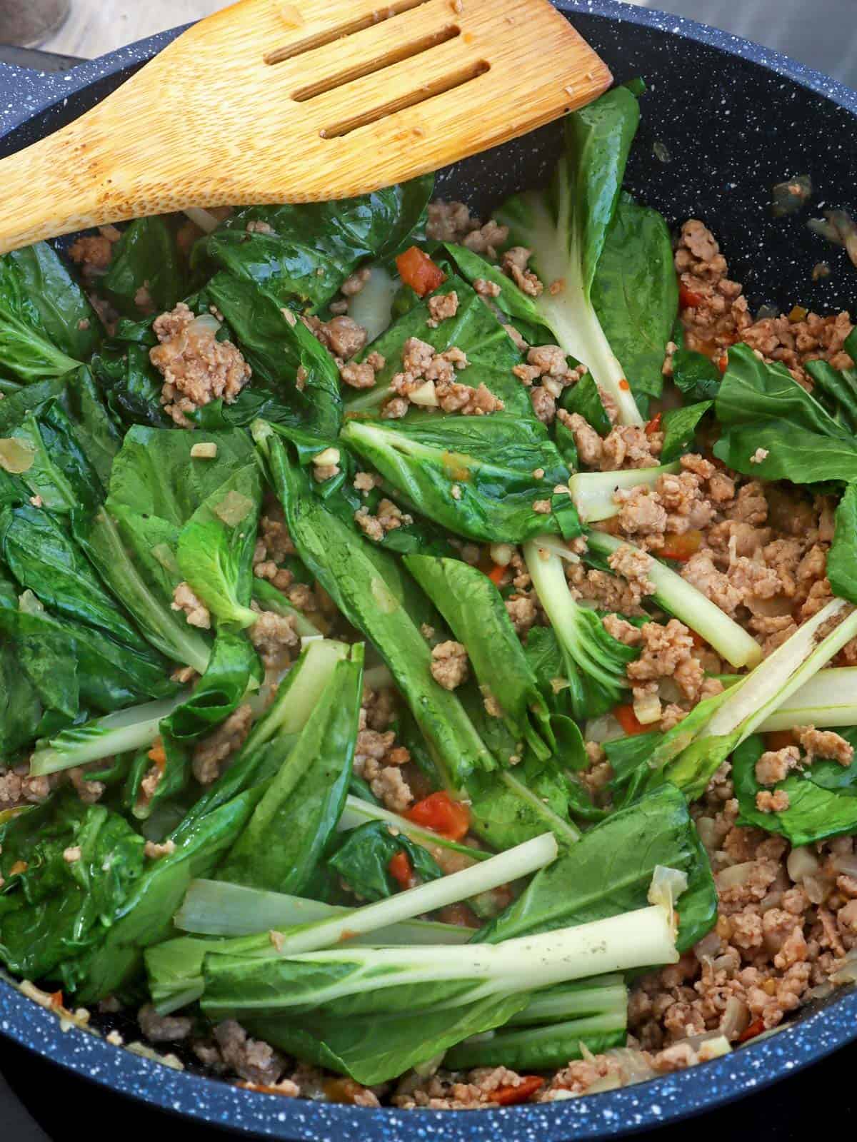 Ginisang Pechay with ground pork in a pan