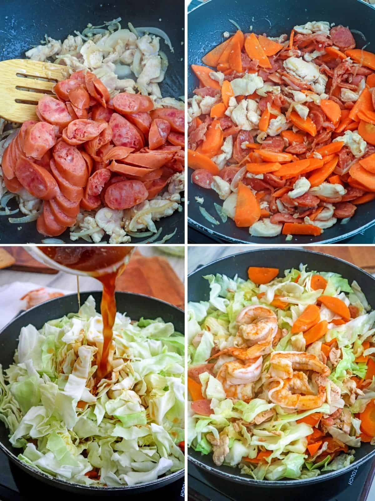 cooking cabbage in a pan with carrots, sausages, chicken, and shrimp