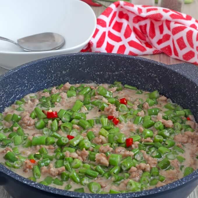 gising gising dish with ground pork in a skillet