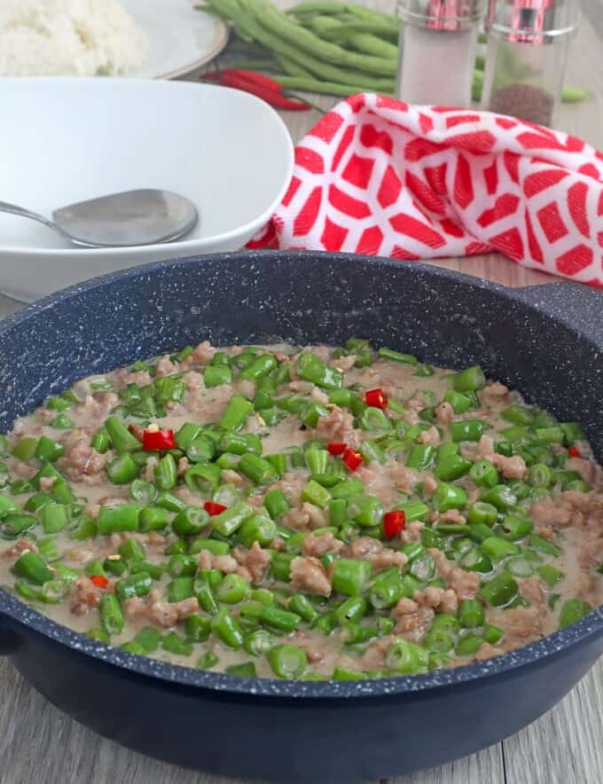 gising gising dish with ground pork in a skillet