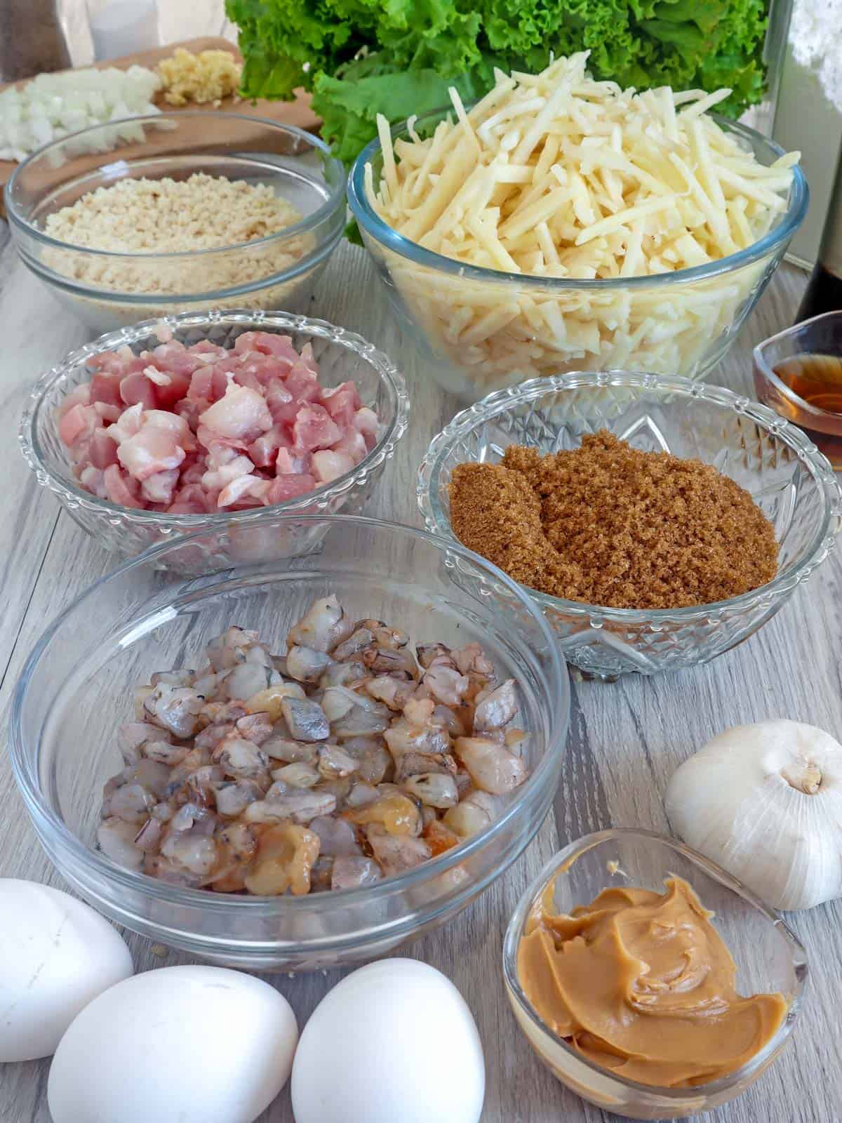 ubod strips, shrimp, pork, sugar, cornstarch, eggs, ground peanuts, lettuce leaves