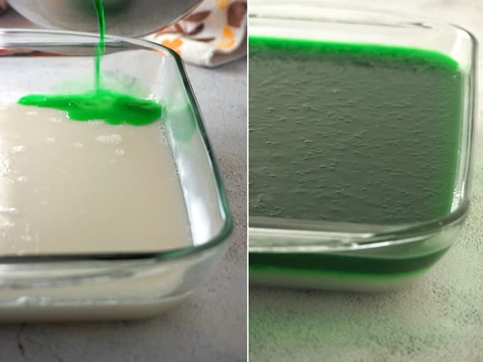 poruing pandan jelly layer on coconut jelly layer in a casserole dish to make pandan coconut jelly