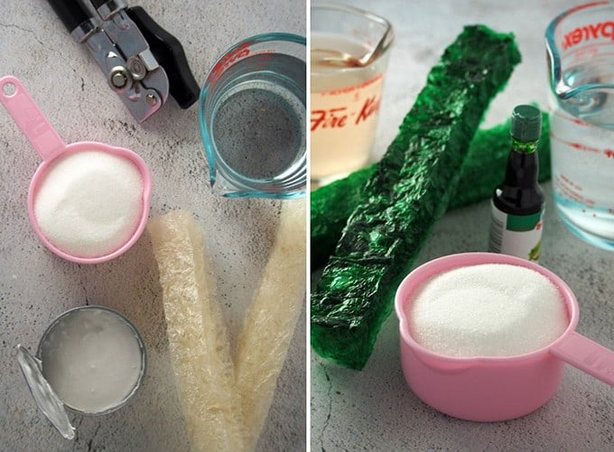 white and green agar-agar bars with a measuring cup of sugar and, a measuring cup of water, coconut milk on the side