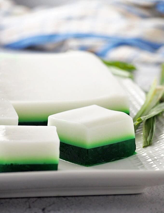 pandan coconut jelly on a white platter