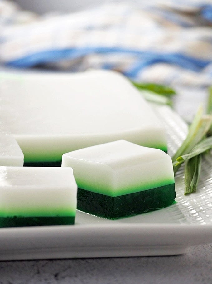 pandan coconut jelly on a white platter