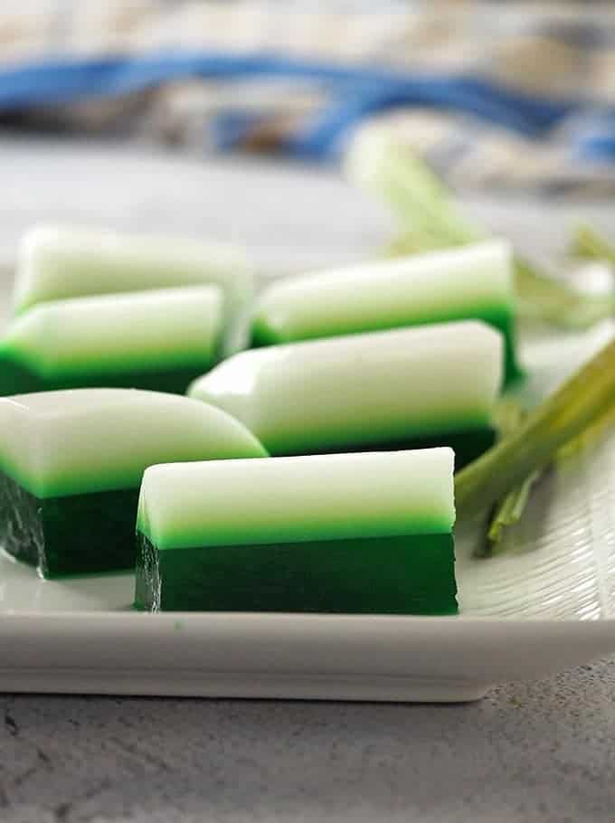 sliced Coconut and Pandan Jelly (Wun Gati Bai Tuey) on white platter with pandan leaves on the side
