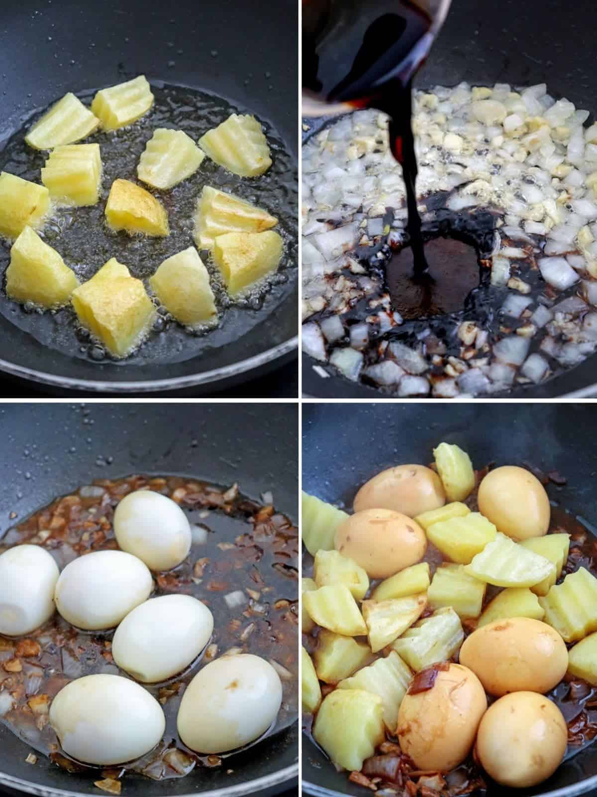 cooking adobong itlog with potatoes in a pan