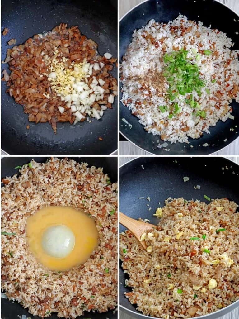 making fried rice with bacon in a pan