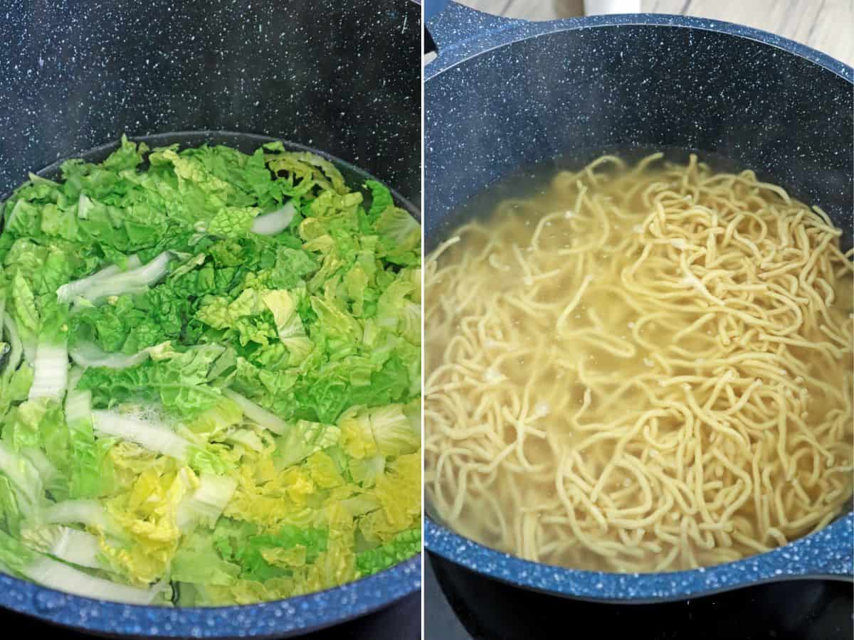 blanching egg noodles and cabbage in hot water