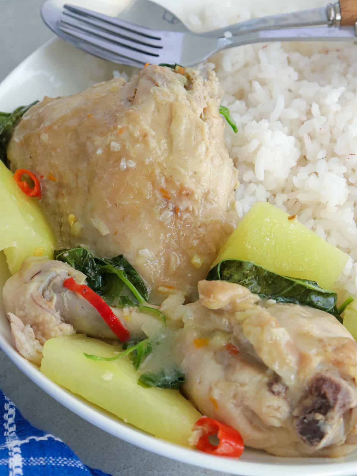 chicken halang halang on a white serving plate with steamed rice.