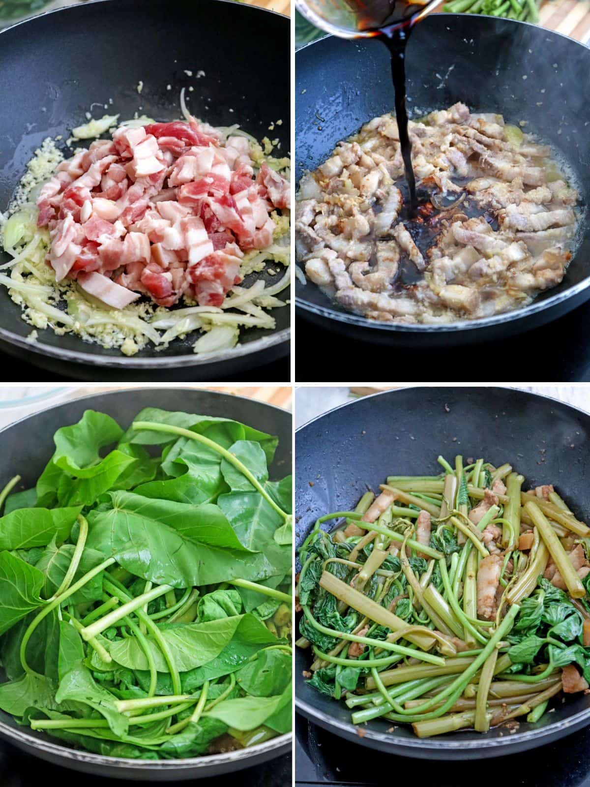 cooking Adobong Kangkong in a pan