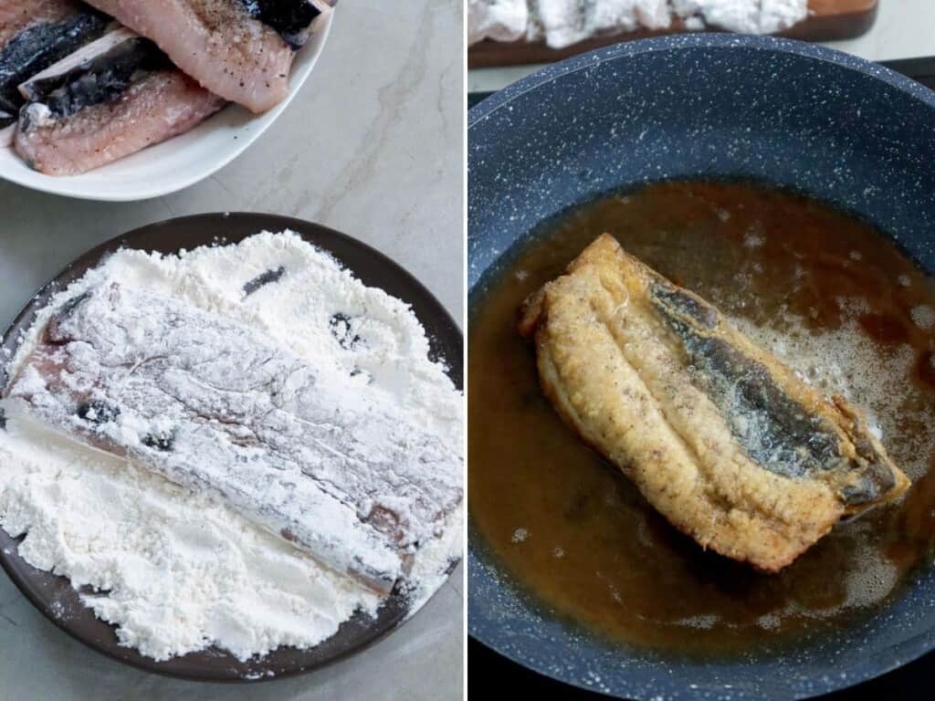 coating milkfish fillets with flour and frying in a pan