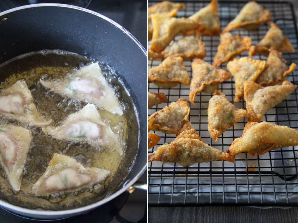 frying pinsec frito in a pot and draining on a wire rack