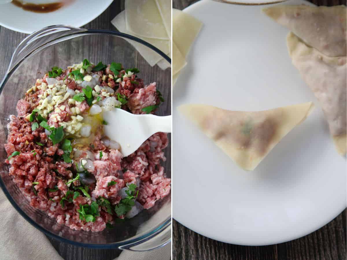 making dumplings with ground pork filling