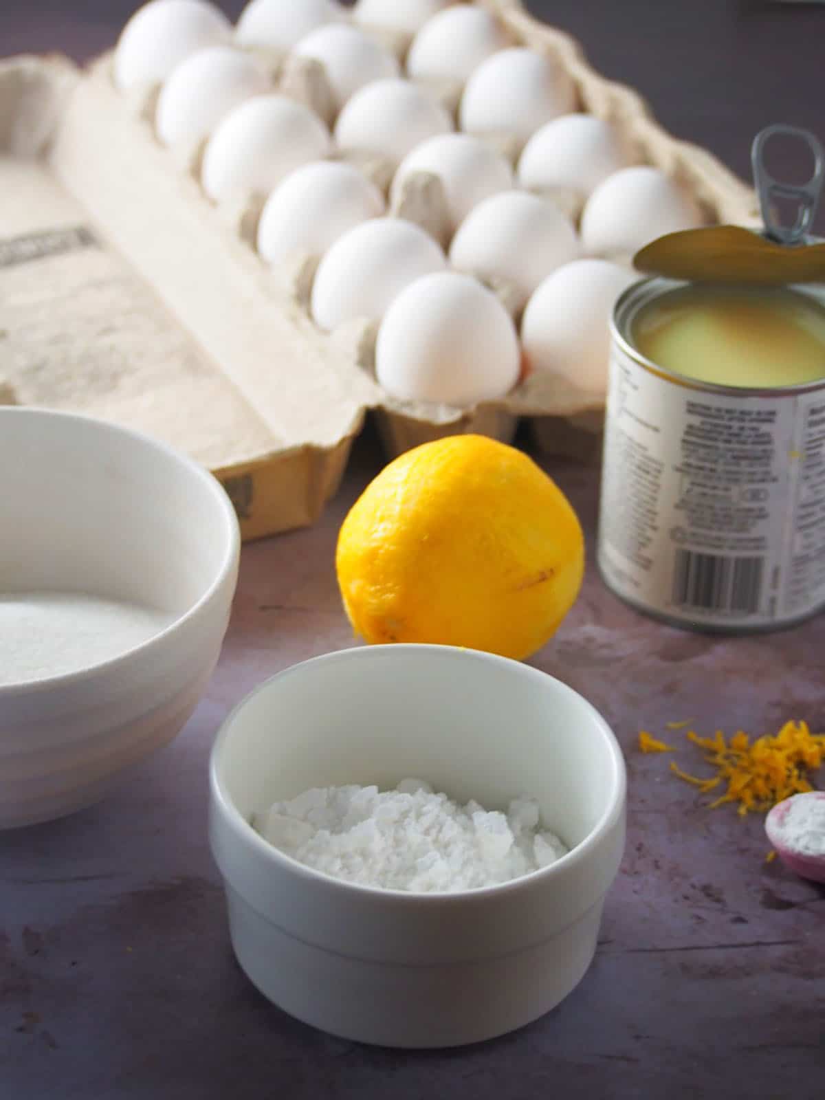 eggs, condensed milk, lemon, sugar