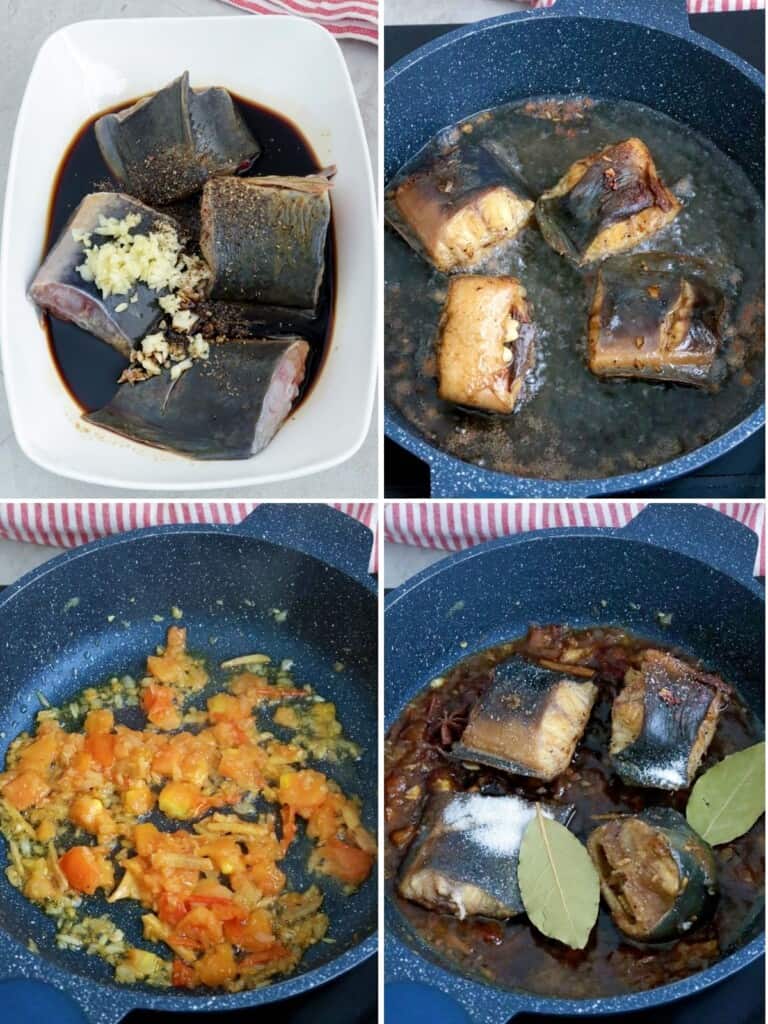 cooking adobong hito in a pan