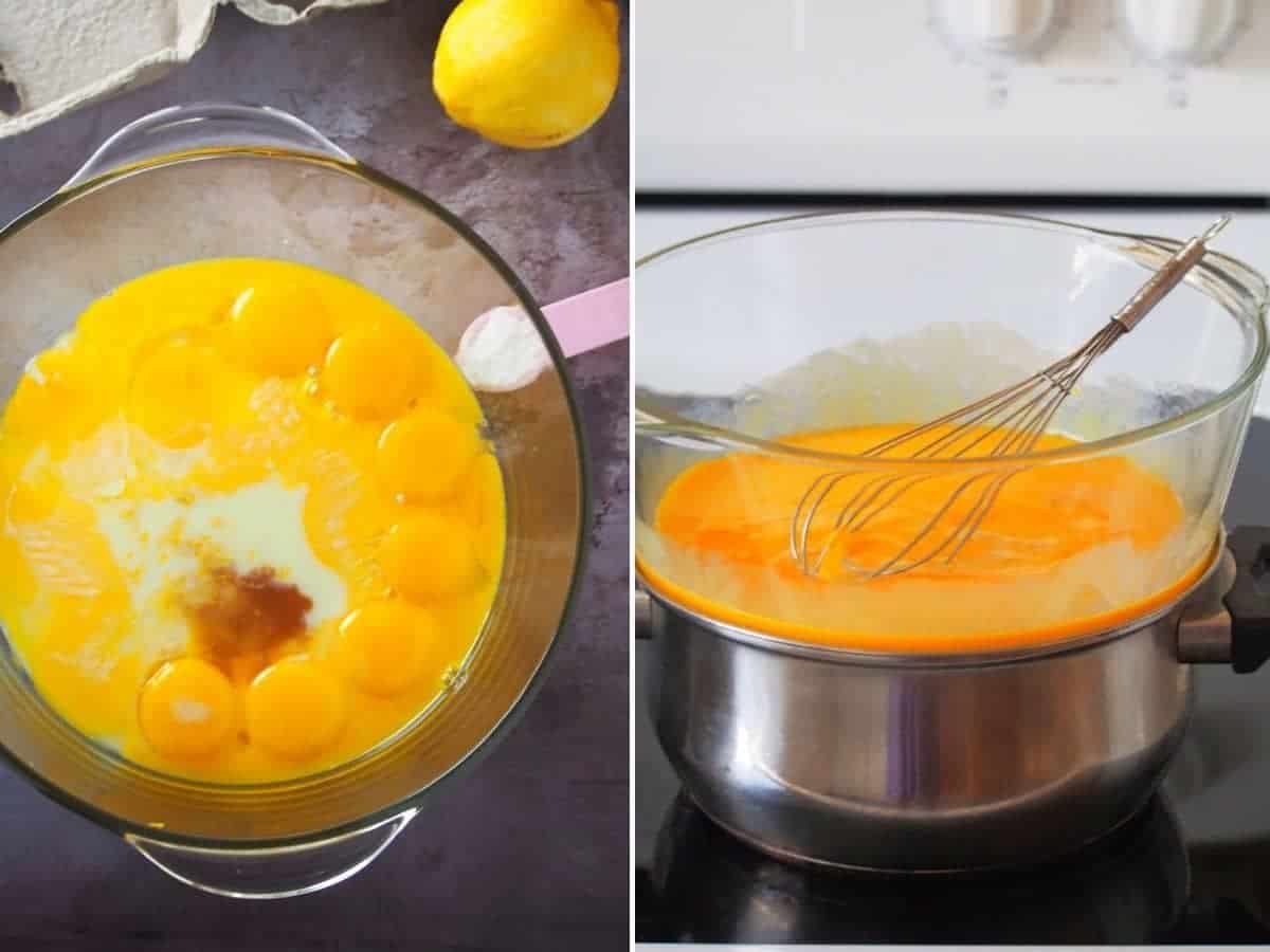 eggs and condensed milk cooking in a double boiler