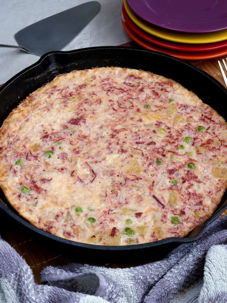 Corned Beef Fritatta cooked in a skillet