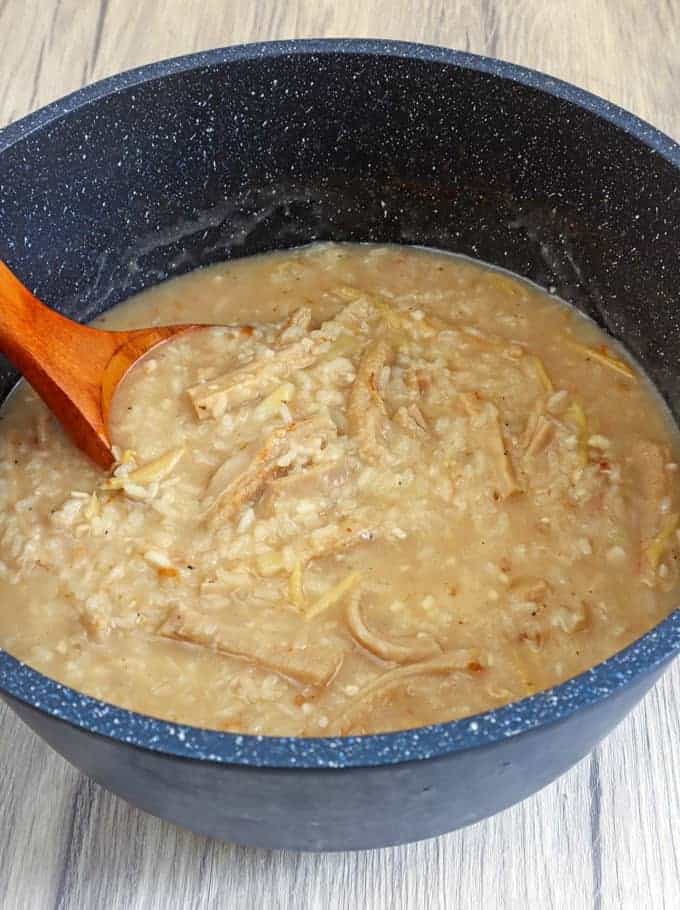 Filipino rice and beef tripe gruel in a pot