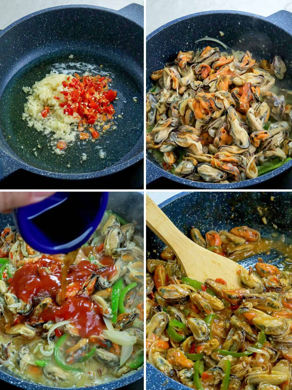 cooking spicy tahong in a pan