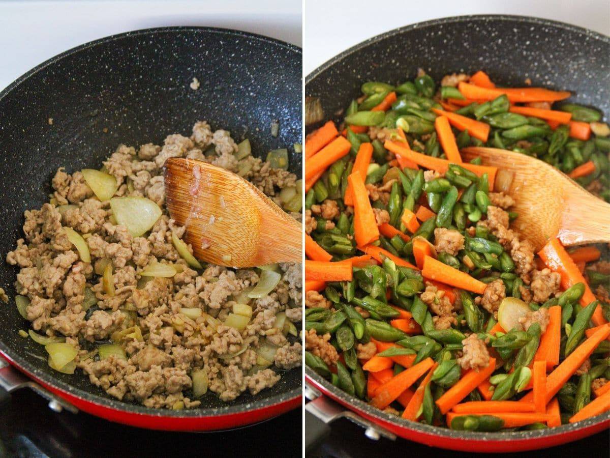 cooking green bean stir-fry with minced pork in a skillet