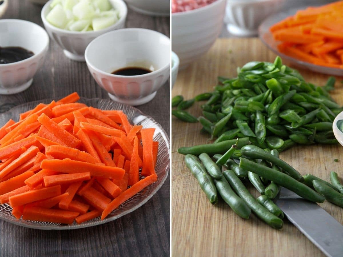 julienned carrots and sliced green beans