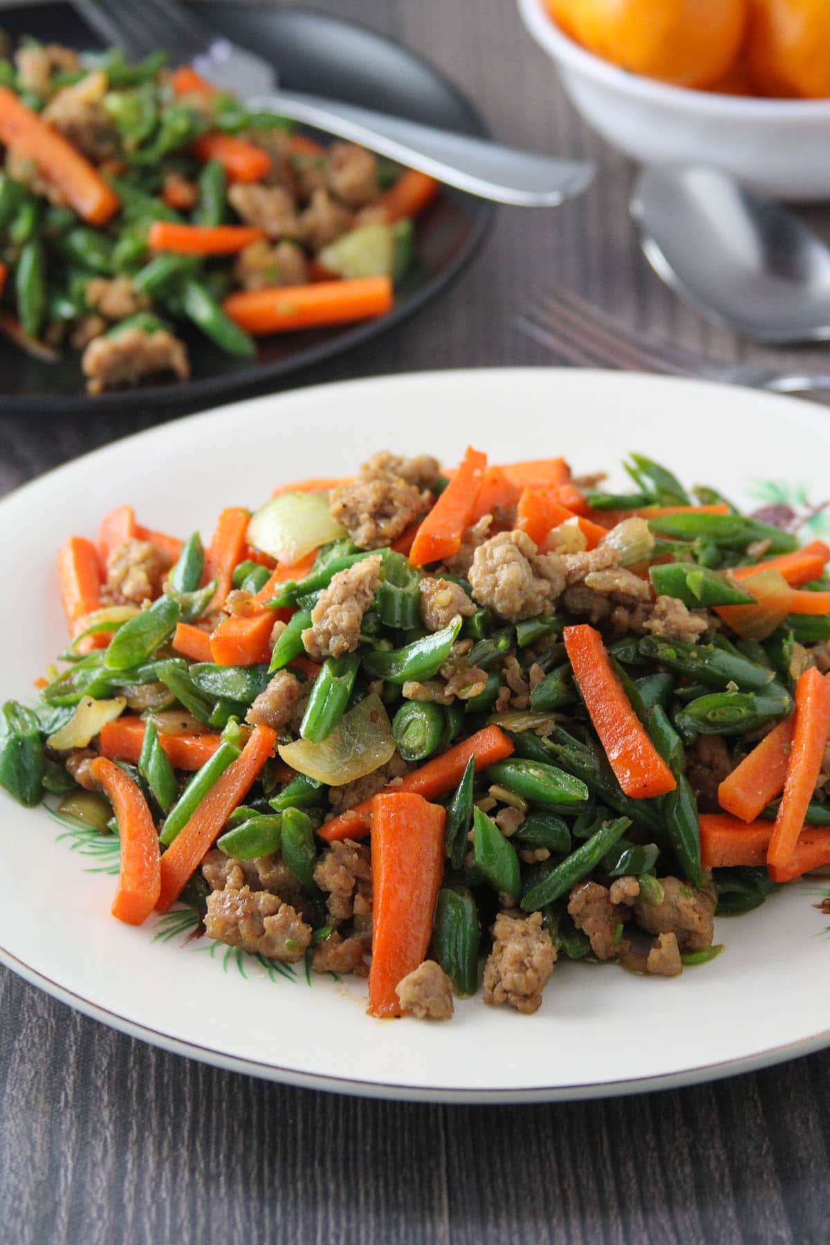 Pork and Green Bean Stir-fry on a white serving platter