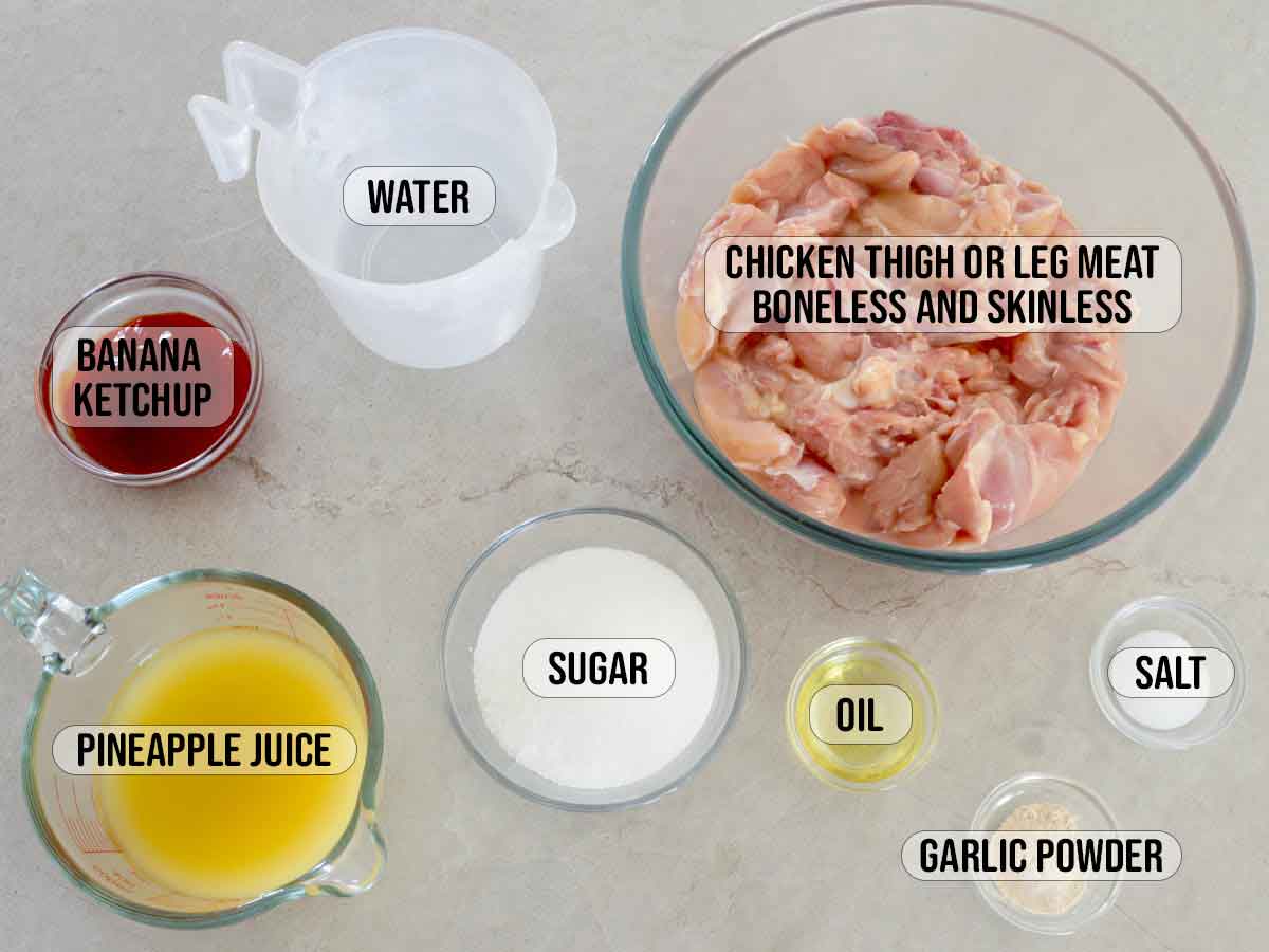 ingredients for chicken tocino in bowls.