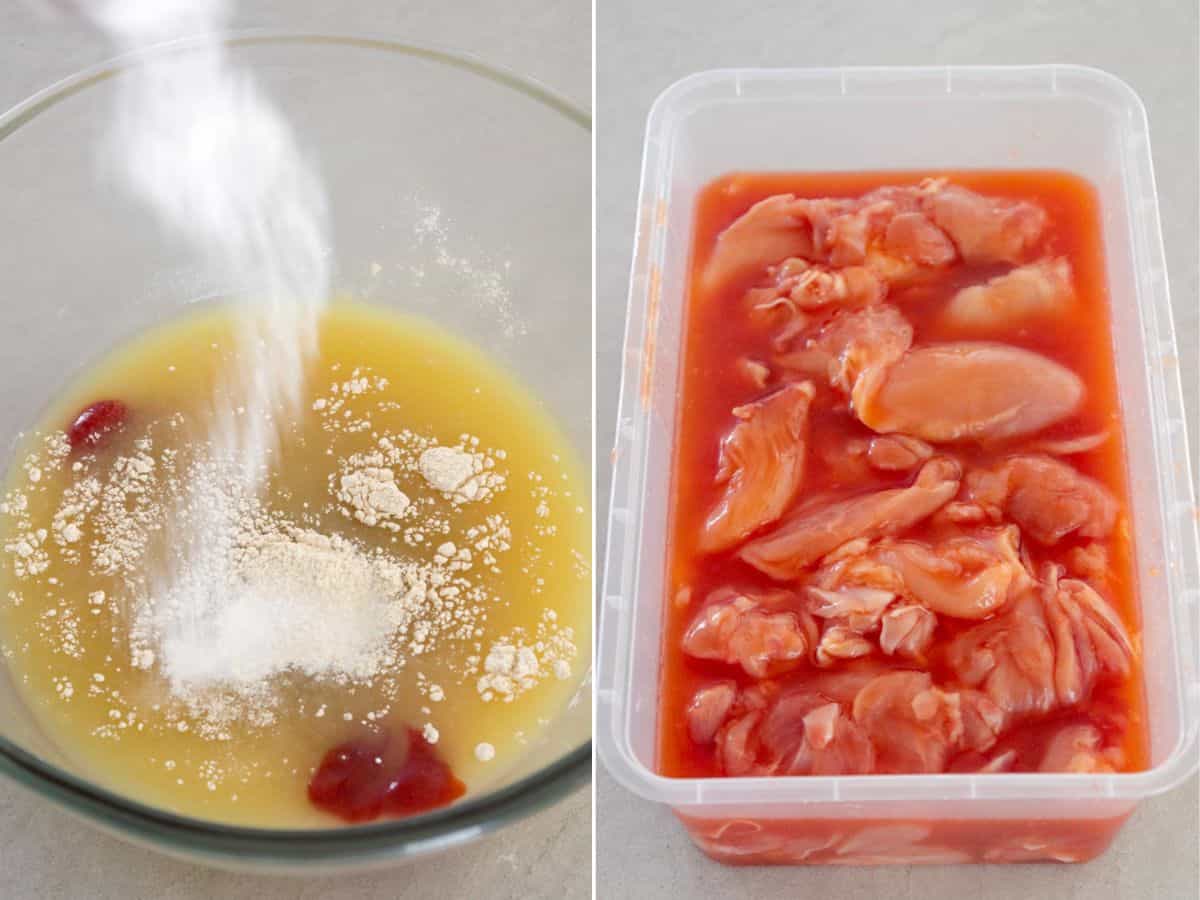 marinating chicken thighs in tocino seasonings.
