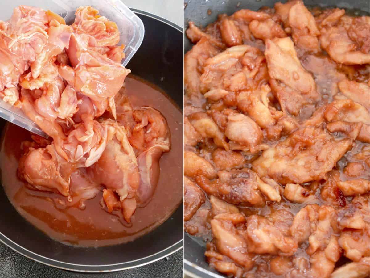 cooking chicken tocino in a pan.