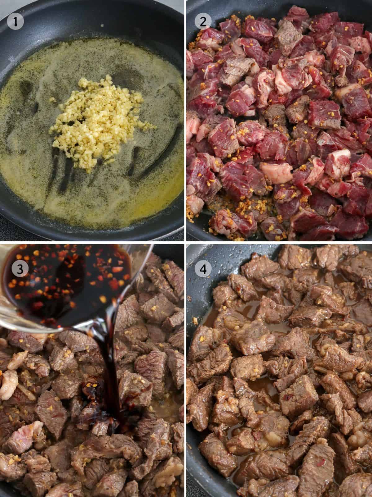 cooking beef salpicao in a pan with garlic and butter.